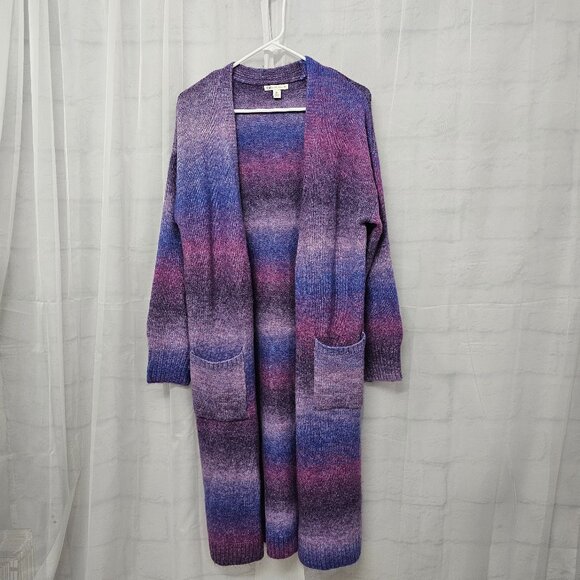 Cato Cardigan Sweater Purple Striped Longline Open Knit Boho Midi M - Picture 1 of 8